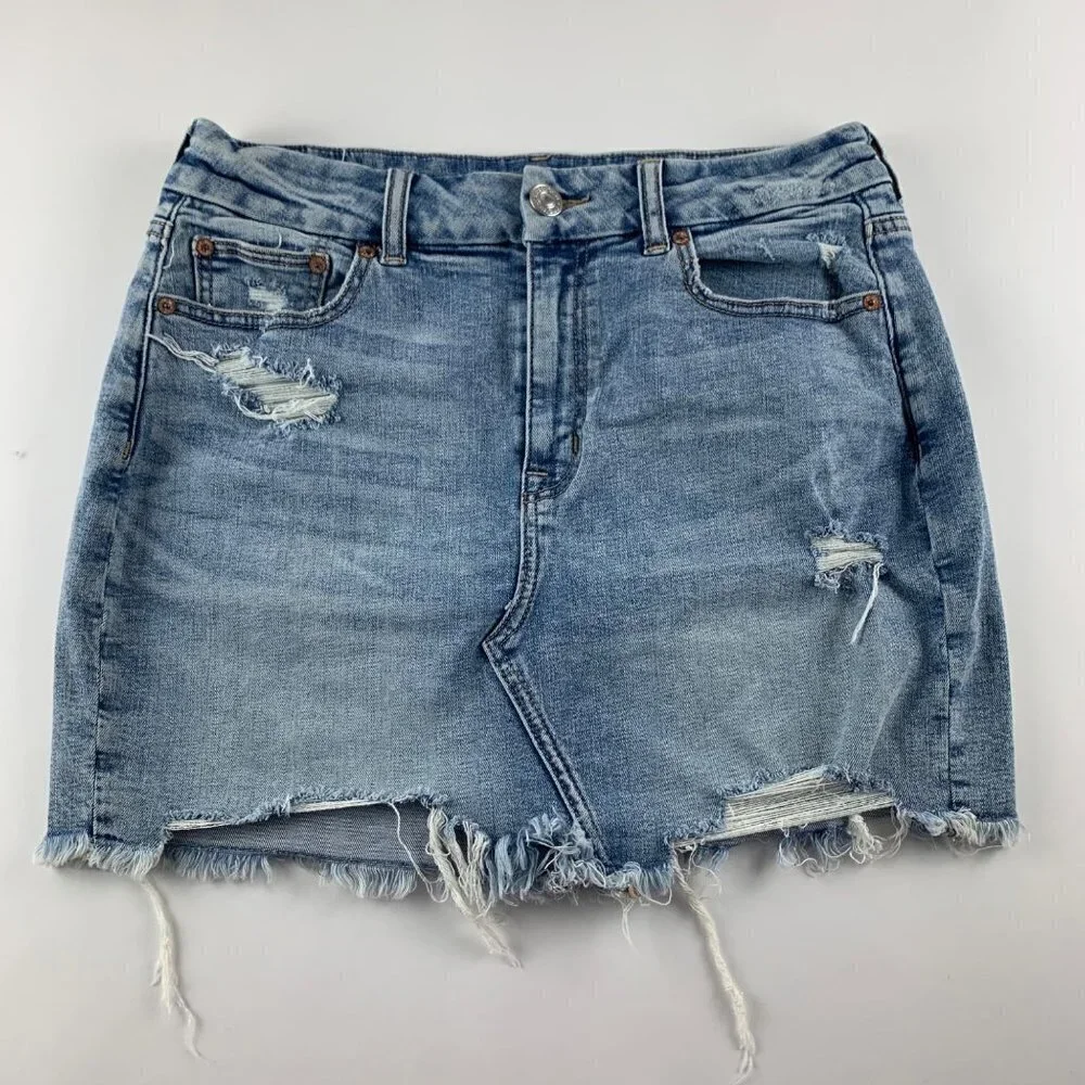 American Eagle Blue Distressed Stretch Denim Curvy Hi Rise Mini Skirt 10